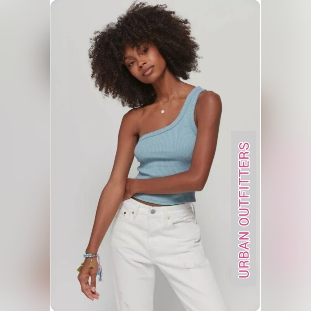 URBAN OUTFITTERS One Shoulder Ribbed Cropped Tank Top Summer Blue Size M EUC - Picture 2 of 13